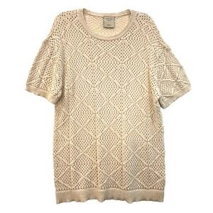 Massive Luxury Crochet Open Knit Short Sleeve Tunic Cream Sweater Size L